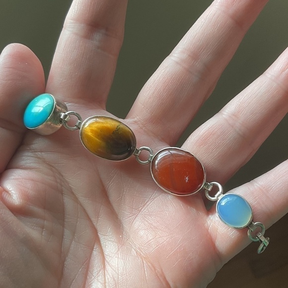 Sterling Silver 925 Turquoise/Tiger Eye/Carnelian/Blue Chalcedony Bracelet - Picture 7 of 11